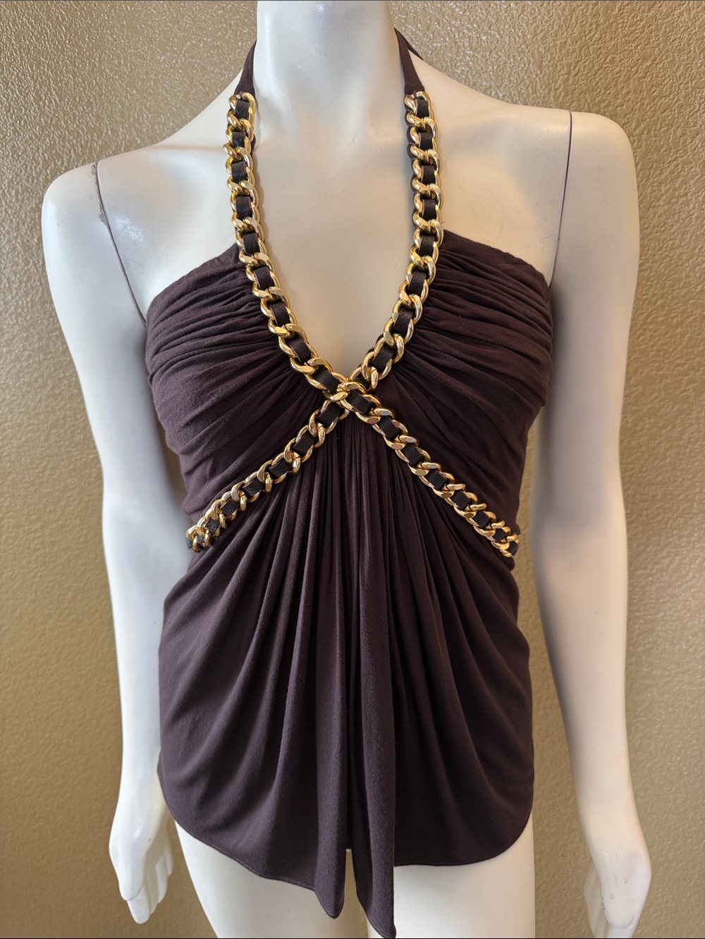 Y2K Vintage Sky Brown Halter Camisole with Gold Chain Trim